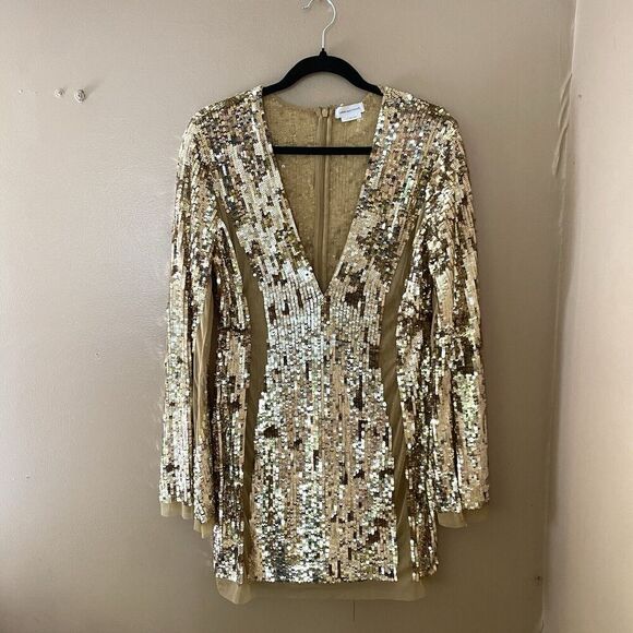 Lovers And Friends Lux Dress Gold Sequin Cocktail Mini Sheer Panel Revolve Sz XS - Picture 10 of 15